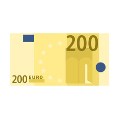 Simple icon of 200 euro banknote for wallet isolated on white background. Cartoon money of bank in Europe flat vector illustration. Cash