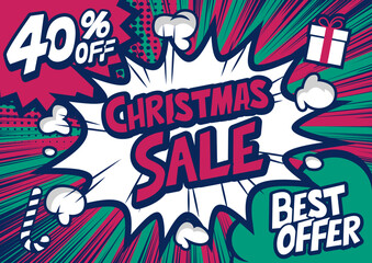 40%off Christmas sale typography pop art background, an explosion in comic book style.