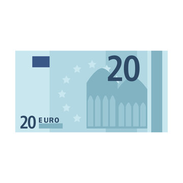 Simple icon of 20 euro banknote for wallet isolated on white background. Cartoon money of bank in Europe flat vector illustration. Cash