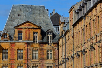 Close-up on the facades of historical buildings located Place Ducale in Charleville Mezieres, Ardennes, Grand Est, France. Place Ducale in an architectural gem dated from 17 century