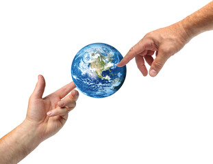 Hands reaching blue planet Earth, isolated. Ecology and climate change concept