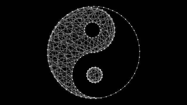 Yin and Yang icon of white polygonal lines and dots rotates on an isolated black background
