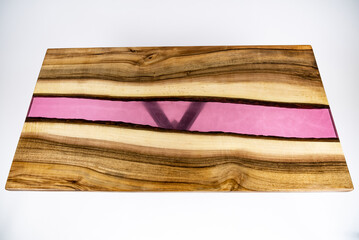 Coffee table, living room table. Resin handmade wood table. White background.