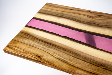 Coffee table, living room table. Resin handmade wood table. White background.