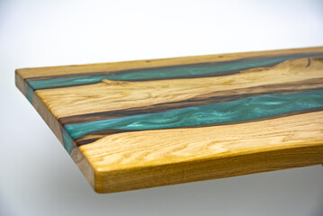 Coffee table, living room table. Resin handmade wood table. White background.