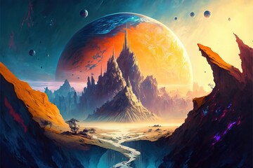 alien planet full of alien plants, fantasy landscape as background