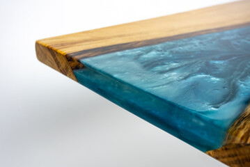 Coffee table, living room table. Resin handmade wood table. White background.