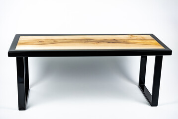 Coffee table, living room table. Resin handmade wood table. White background.