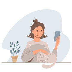Cute cartoon girl with a phone petting a cat. Vector cozy illustration with a nice young woman and pet.