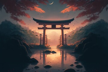 Japanese shrine. Mystery. Concept art - obrazy, fototapety, plakaty