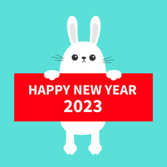 Happy Chinese New Year 2023. The year of the rabbit. White bunny hanging on paper board. Funny head face. Big ears. Cute cartoon kawaii character. Pet collection. Flat design. Blue background