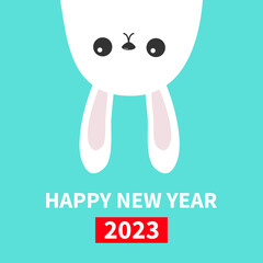 Happy Chinese New Year 2023. The year of the rabbit. White bunny hare hanging upside down. Picaboo. Flat design. Funny head face. Cute kawaii cartoon character. Baby greeting card Blue background.