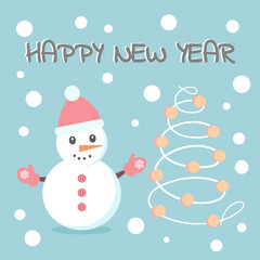 Christmas card with cute snowman and christmas tree