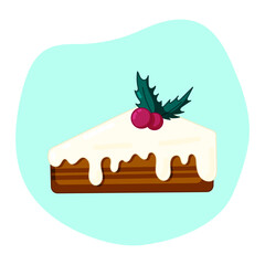 Piece of cake decorated for Christmas with holly branch. Flat cartoon vector illustration, isolated element.