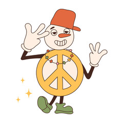 Christmas snowman in trendy retro cartoon style. Groovy hippie 70s aesthetic.