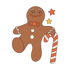 Christmas gingerbread with candy cane lolipop in trendy retro cartoon style. Groovy hippie 70s aesthetic.