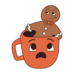 Christmas cocoa with gingerbread in trendy retro cartoon style. Groovy hippie 70s aesthetic.