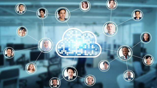 Group of multinational people connecting via cloud computing. Software as a Service. ERP. Enterprise Resources Planning.