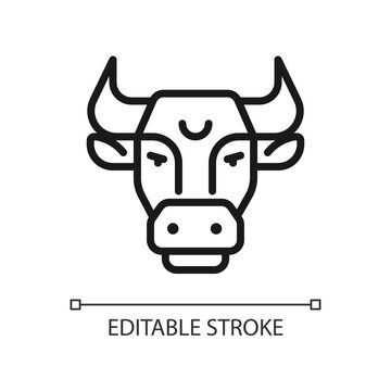 Bull head pixel perfect linear icon. Astrological sign. Taurus zodiac animal. Horoscope personality. Thin line illustration. Contour symbol. Vector outline drawing. Editable stroke. Arial font used