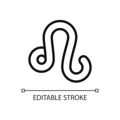 Leo pixel perfect linear icon. Fire zodiac sign. Western astrology element lion. Personality traits. Thin line illustration. Contour symbol. Vector outline drawing. Editable stroke. Arial font used
