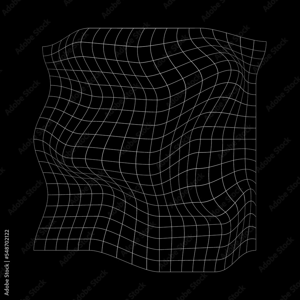 Wall mural distorted white grid isolated on black background. warped wireframe texture. net with curvatured eff