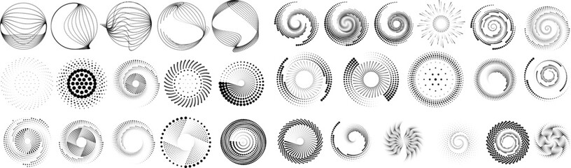 Design elements with circular halftone dots. Vector rotating dotted circles design . Half tones collection . Concentric circles for posters, social media, promotion,  flyer, covers .Dotted frames