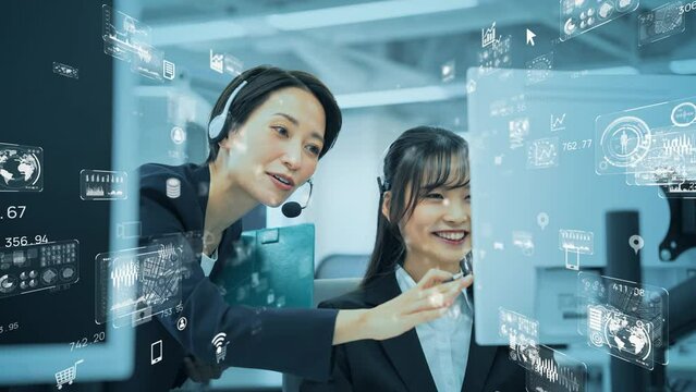 オフィスで仕事する女性とデジタルデータ