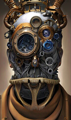 steampunk robot, futuristic scenery, concept illustration, 3d render and digital painting