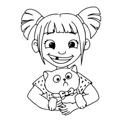 A girl with a cat. Coloring book A child with a pet. Fluffy animals in cartoon style. Vector illustration isolated on white background.