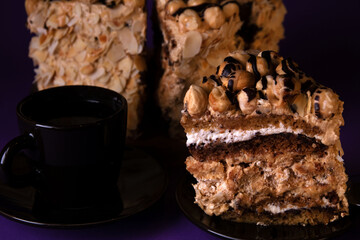 photo of a cut slice of cake and a cup of coffee