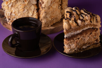 photo of a cut piece of cake and coffee