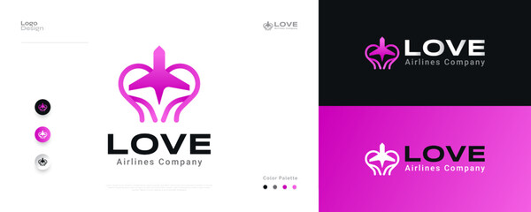 Love Plane Logo Design in Pink Gradient Concept. Heart Airplane Logo or Icon, Suitable for Aviation, Airlines, Tourism or Travel Business Logo