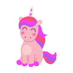 Cartoon cute unicorn sitting happy. Vector illustration of magic adorable pink animal with wings and horn isolated on white