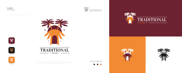 Naklejka premium Traditional Hut Logo Design with Coconut Tree Illustration. Village House Logo or Icon. Suitable for Hotel, Resort, Travel, Tourism and Lodging Business Logo