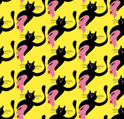 Fototapeta premium Abstract Hand Drawing Cute Woman Girl Silhouettes with Cats Seamless Vector Pattern Isolated Background