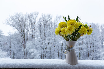Yellow chrysanthemums in a vase against the background of falling snow