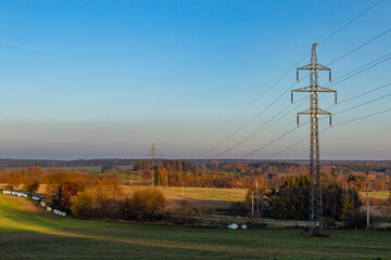 High-voltage power lines in European countryside