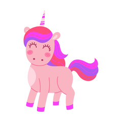 Cartoon cute unicorn with horn on his head. Vector illustration of magic adorable pink animal with wings and horn isolated on white