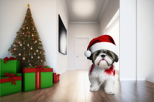 Shih Tzu Dog with Santa Claus Hat, 3D Rendered