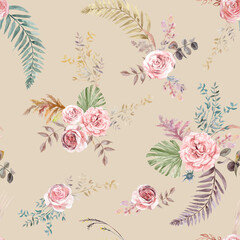 Watercolor vintage seamless pattern with flowers of white roses and tropical palm leaves for summer
