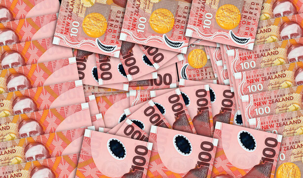 New Zealand Dollar banknotes in a fan mosaic pattern 3d illustration
