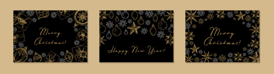 Fototapeta na wymiar Set of Merry Christmas and Happy New Year horizontal greeting card with hand drawn golden five pointed stars and gift boxes. Vector illustration in sketch style. Festive background