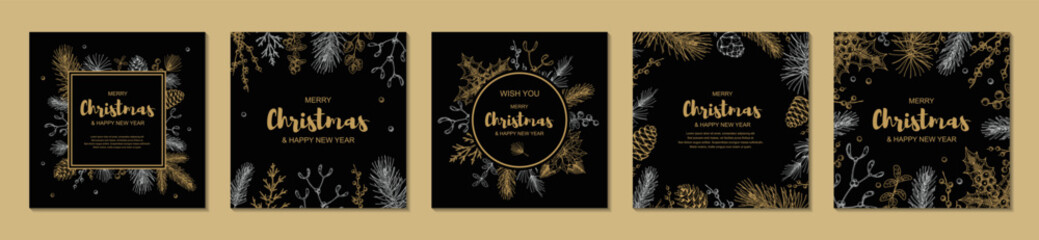 Merry Christmas and Happy New Year square designs with hand drawn golden evergreen branches and holly berries on black background. Vector illustration in sketch style