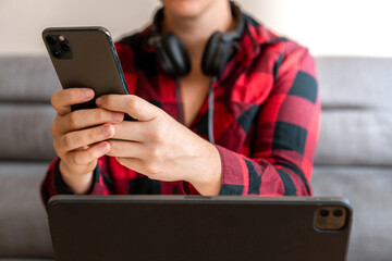 Close up using different devices working at home