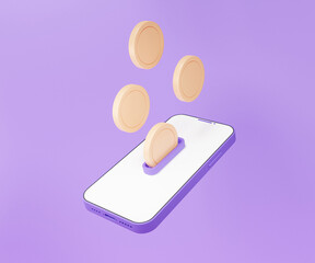 Pay exchange money into app Internet banking mobile phone on purple background. Online payments coin floating via smartphone. Shop refund transaction concept. Minimal cartoon style. 3d render