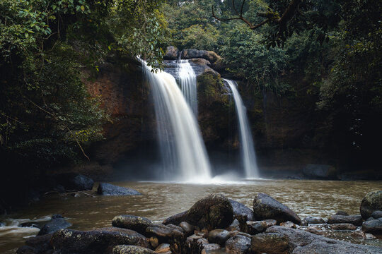 A waterfall called Haew Narok in a beautiful forest in the midst of nature at Khao Yai National Park, Thailand