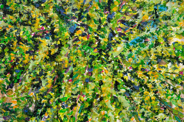 Vibrant multi-colored original acrylic painting close up detail showing brushwork and canvas textures. Full frame foliage.