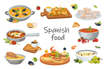 Spanish food elements isolated set. Bundle of traditional meals - paella, gazpacho, tortilla, churros, tapas, meat and vegetable dishes or ingredients. Illustration in flat cartoon design