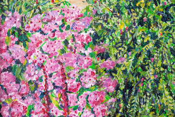 Vibrant multi-colored original acrylic painting close up detail showing brushwork and canvas textures.