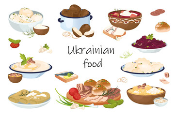 Ukrainian food elements isolated set. Bundle of traditional meals - borscht, dumplings, cabbage rolls, garlic donuts, bacon, corn porridge, vegetable dishes. Illustration in flat cartoon design